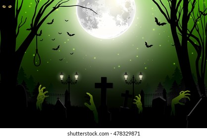 Halloween background with Zombie in graveyard at full moon.Vector illustration