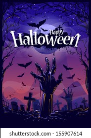 Halloween background with zombie hand and cemetery view. Vector illustration.