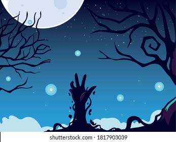 halloween background with zombie hand and full moon vector illustration design