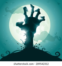 Halloween background with zombie hand on full moon