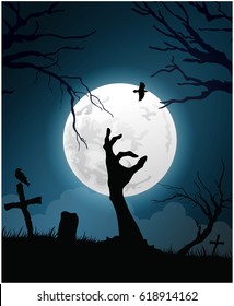 Halloween background with zombie hand on cemetery and Moon, vector illustration.