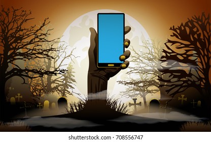  Antecedentes de Halloween. Mano zombie con teléfono. Ilustración del vector