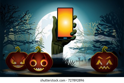 Halloween background. Zombie hand with phone and pumpkins