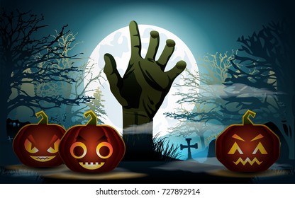 Halloween background. Zombie hand and pumpkins