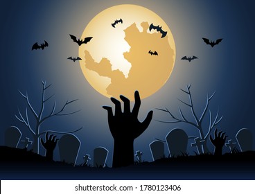 Antecedentes de Halloween con mano zombie levantada del inframundo en la noche de Halloween, ilustración vectorial