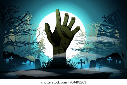 Halloween background. Zombie hand rising out from the ground. Vector illustration