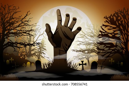 Halloween background. Zombie hand rising out from the ground. Vector illustration