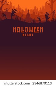 Halloween background with zombie hand and skeleton hand, cemetery for holiday poster, flyer, postcard. Mystical background with cross, grave, tombstone and dead man for dark fear october design