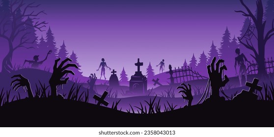 Halloween background with zombie hand and skeleton hand, cemetery for holiday poster, flyer, postcard. Mystical background with cross, grave, tombstone and dead man for dark fear october design