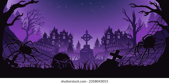 Halloween background with zombie hand and skeleton hand, cemetery for holiday poster, flyer, postcard. Mystical background with cross, grave, tombstone and dead man for dark fear october design