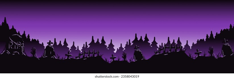 Halloween background with zombie hand and skeleton hand, cemetery for holiday poster, flyer, postcard. Mystical background with cross, grave, tombstone and dead man for dark fear october design