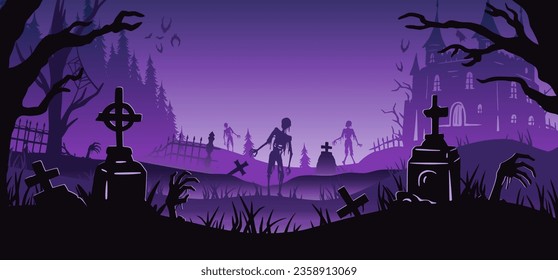 Halloween background with zombie hand and skeleton hand, cemetery for holiday poster, flyer, postcard. Mystical background with cross, grave, tombstone and dead man for dark fear october design