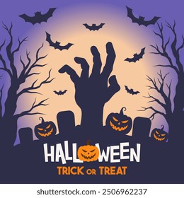 Halloween Background with Zombie Hand, Spooky Pumpkin, Grave, Tree and Bats Silhouette. Vector Illustration Halloween for Poster, Flyer, Greeting Card and Social Media.