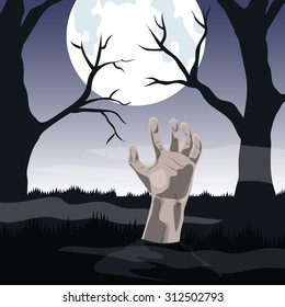 Halloween the background. Zombie Hand sticking out of the ground at the full moon in the cemetery.