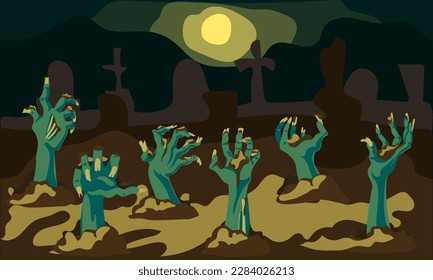 Halloween background with zombie hands coming out of the ground in the cemetery. Hands from the ground against the background of the cemetery and the shining moon. Banner, flyer for the party