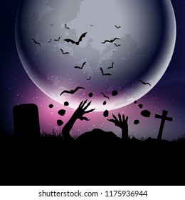 Halloween background with zombie hands erupting out of the ground against a moonlit sky