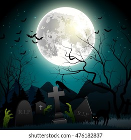 Halloween background with zombie hands, graveyard, bats on the full moon. Vector illustration