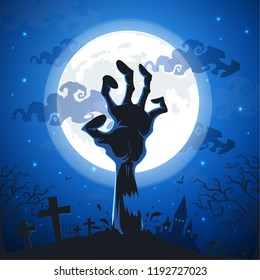 Halloween background with zombie hands on full moon.