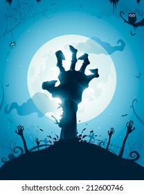 Halloween background with zombie hands on full moon