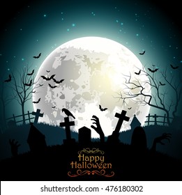 Halloween background with zombie hands on the full moon. Vector illustration