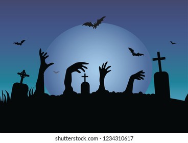Halloween background with zombie hands sticking out of the ground, tombstones on the cemetery