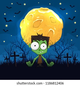 Halloween background. Zombie on a cemetery and full Moon on blue night sky with bats, illustration.