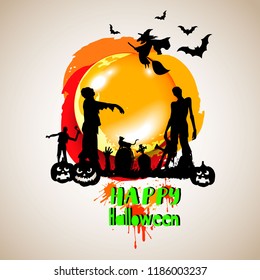 Halloween background with zombie on full moon. Halloween Zombie Party Poster. Vector illustration.