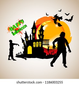 Halloween background with zombie on full moon. Halloween Zombie Party Poster. Vector illustration.
