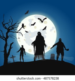 Halloween background with zombie on the full moon
