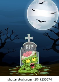 Halloween background with zombie out from the grave