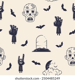 Halloween Background. Zombie seamless pattern. Vintage zombies icons isolated on white background. Vector illustration 