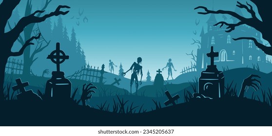 Halloween background with zombie and skeleton hand, cemetery and castle for holiday poster. Creepy and mystical background with cross, grave, tombstone and dead man for dark fear october design