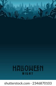 Halloween background with zombie and skeleton hand, cemetery for holiday poster, flyer, postcard. Creepy and mystical background with cross, grave, tombstone and dead man for dark fear october design