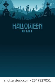 Halloween background with zombie and skeleton hand, cemetery and castle for holiday poster. Creepy and mystical background with cross, grave, tombstone and dead man for dark fear october design