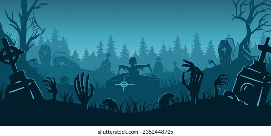 Halloween background with zombie and skeleton hand, cemetery for holiday poster. Creepy and mystical background with cross, grave, tombstone and dead man for dark fear october design