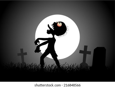 Halloween background with zombie, tombstones and the moon on the cemetery 