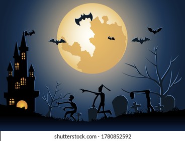 Halloween background with zombie wake from underworld on Halloween night,vector illustration