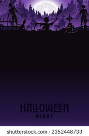 Halloween background with zombie and walking dead, cemetery for holiday poster. Creepy and mystical background with cross, grave, tombstone and skeleton for dark fear october design