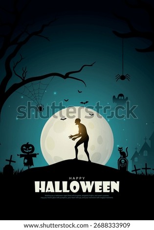 Halloween background with zombie and walking dead, in moonlight. Creepy and mystical background with cross, grave, tombstone and skeleton. Vector illustration.	