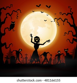 Halloween background with zombie walking in graveyard