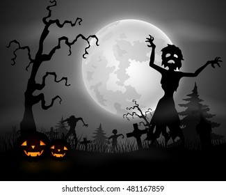 Halloween background with zombie walking in graveyard