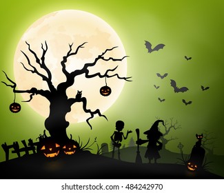 Halloween background with zombie,pumpkins hanging on tree and bats