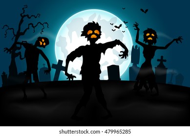 Halloween background with zombies in the graveyard