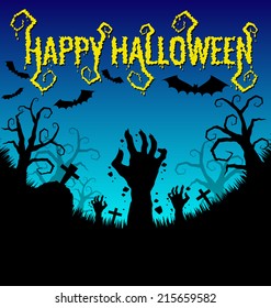 Halloween background with zombies hand and bat vector