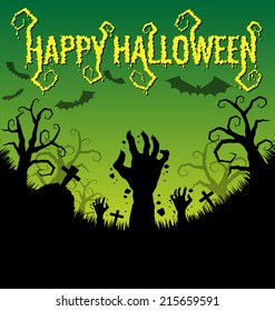 Halloween background with zombies hand and bat vector