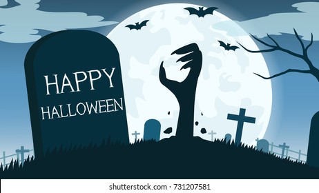 Halloween background with zombies hand in graveyard and the full moon - Vector illustration