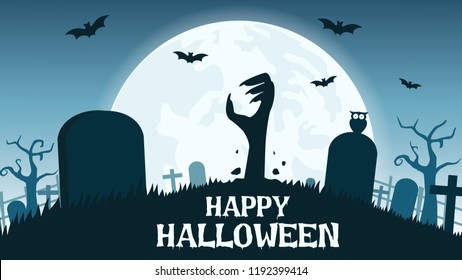 Halloween background with zombies hands in graveyard and the full moon - Vector illustration