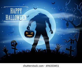 Halloween background with zombies and the moon. Vector illustration