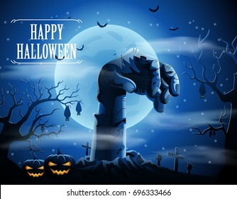 Halloween background with zombies and the moon. Vector illustration