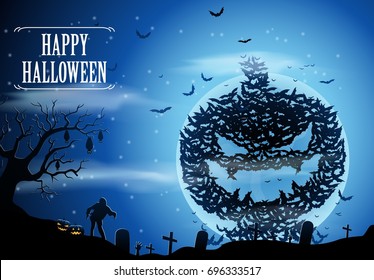 Halloween background with zombies and the moon. Vector illustration